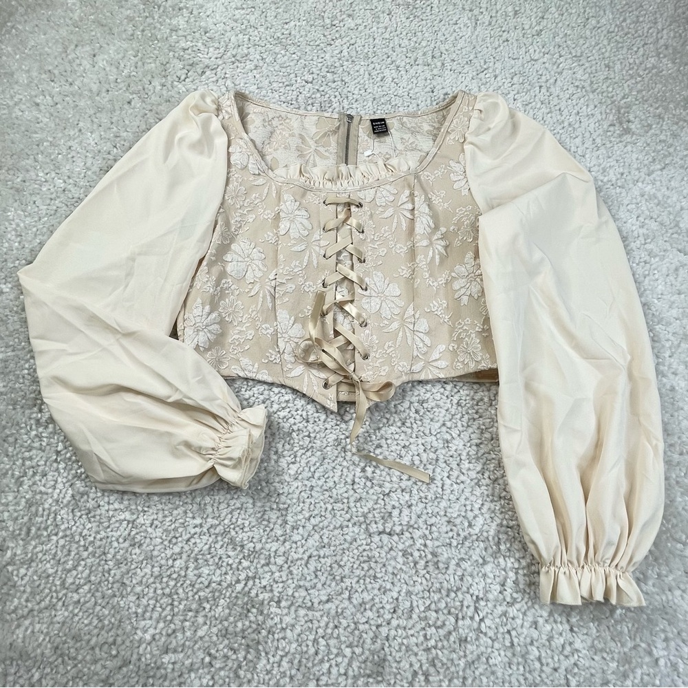 Milkmaid Blouse Crop Lace Up Romantic Cottage Ren Fair Fairy Indie Sz Large - Picture 2 of 13